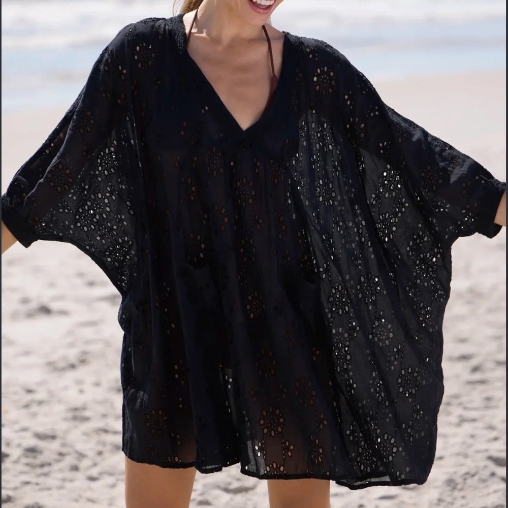 Natural Life Women Medium Black Eyelet Swim Cover Up Kaftan Boho Beach Dress